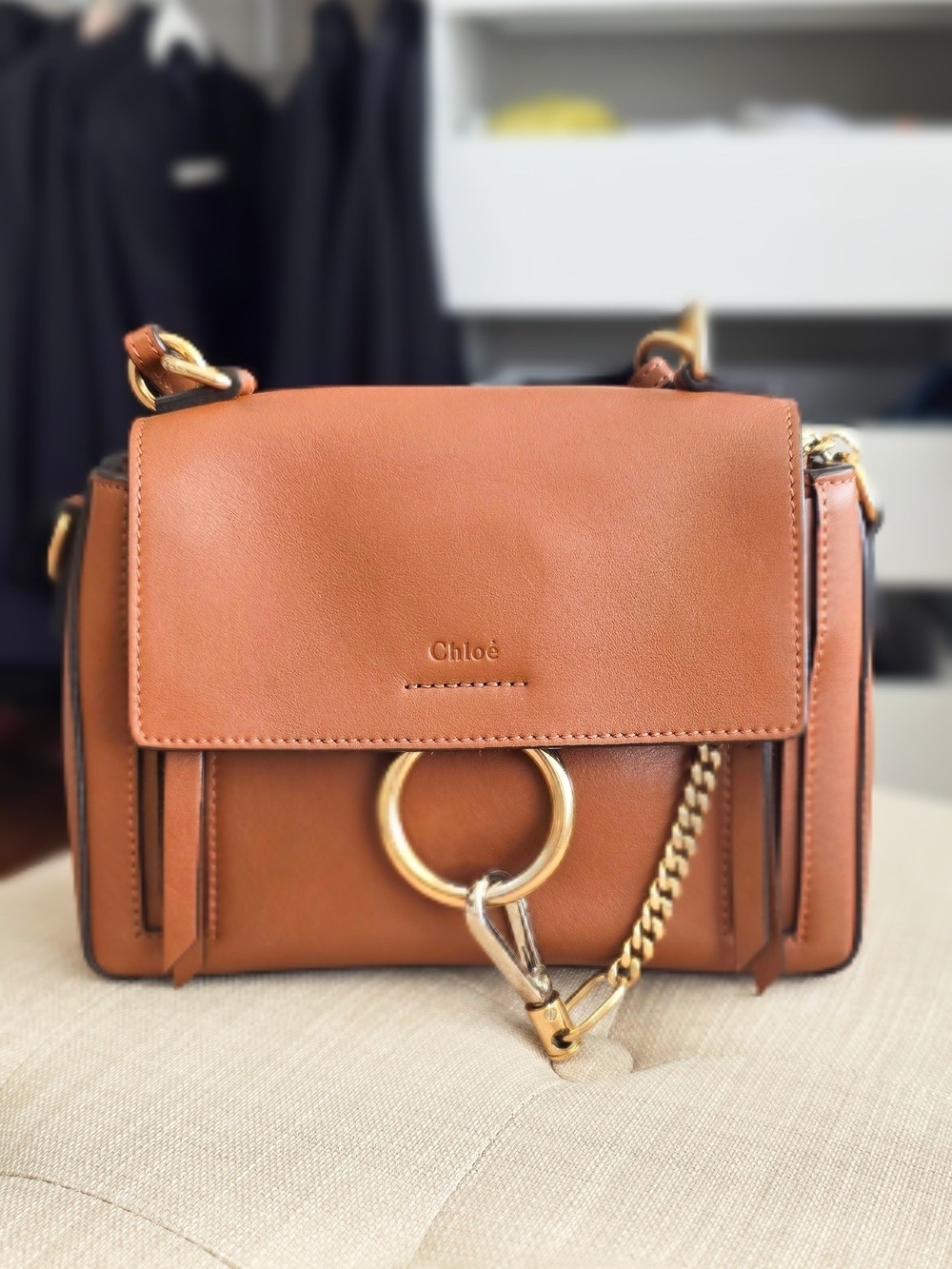 Faye Small Leather Shoulder Bag in Tan